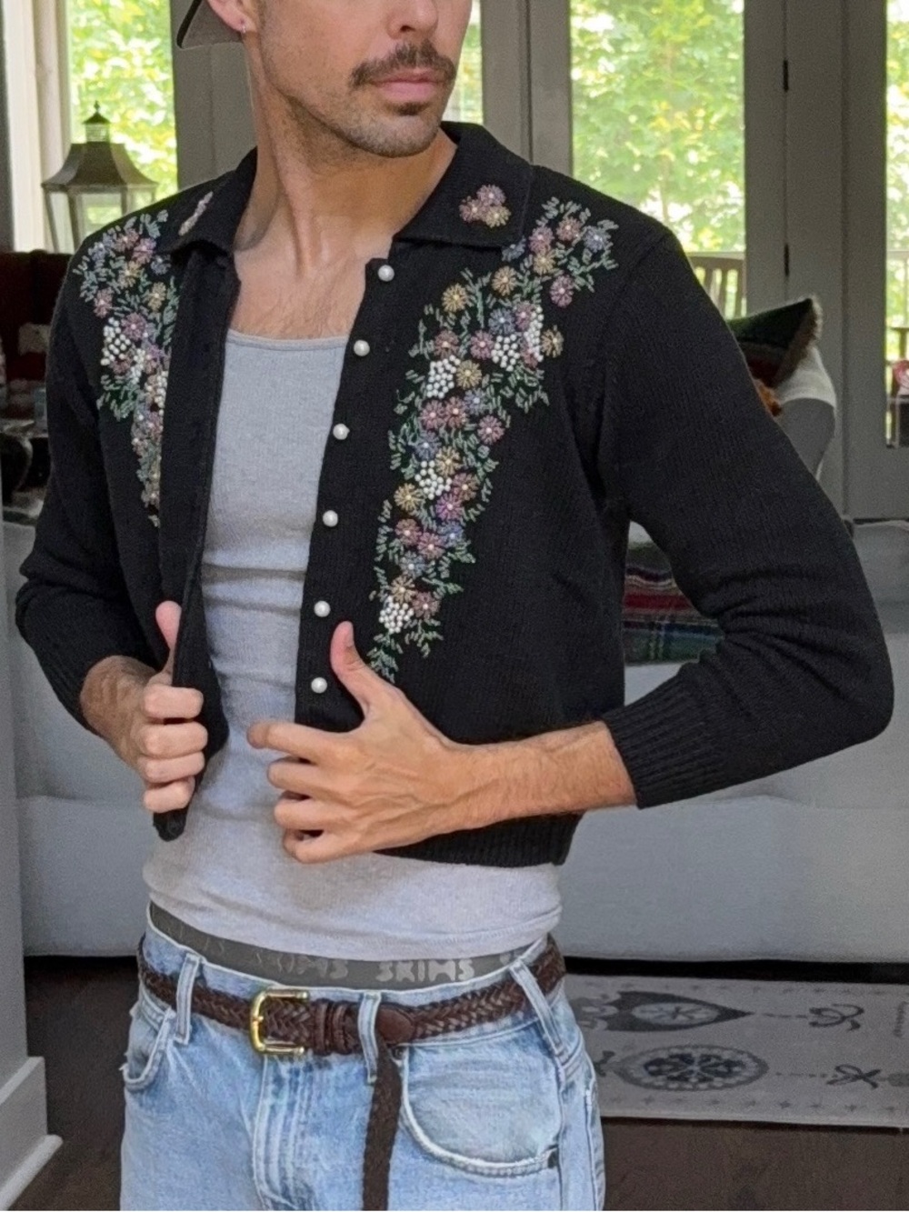 🌼 Vintage Yarn Works Beaded Floral Pearl Snap Cardigan Sweater